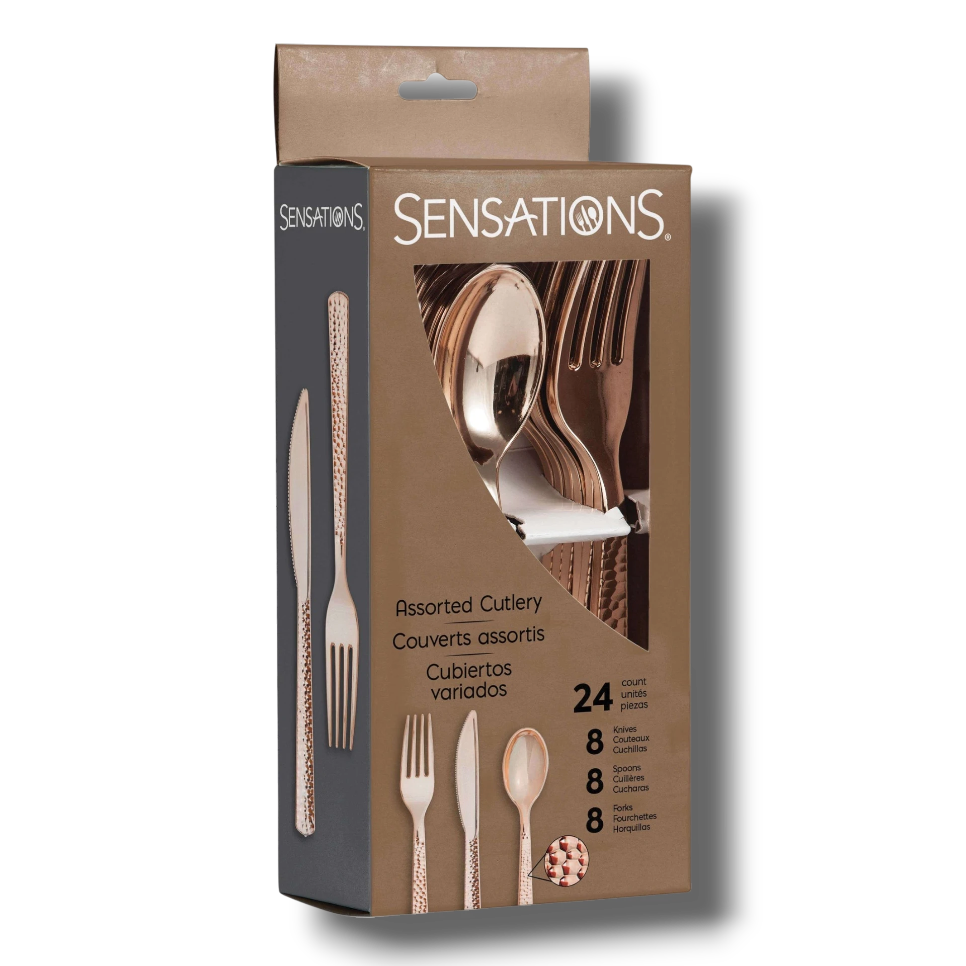 Set de 24 cubiertos PartyStore en color oro rosa con acabado martillado, incluye cuchillos, cucharas y tenedores.