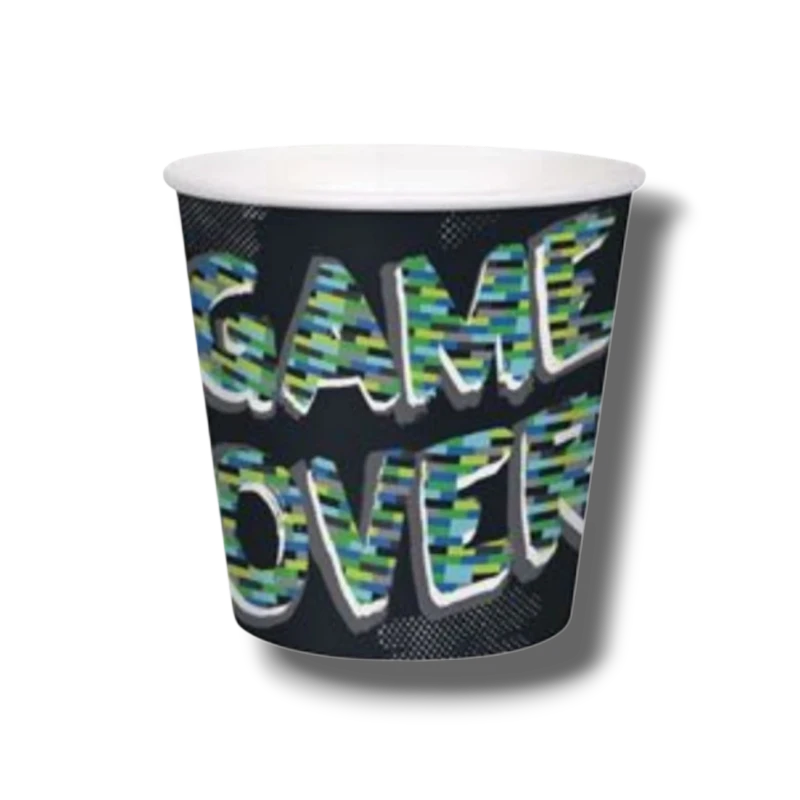 Cubo para snacks PartyStore con diseño de videojuego Game Over en tonos azules y verdes sobre fondo negro