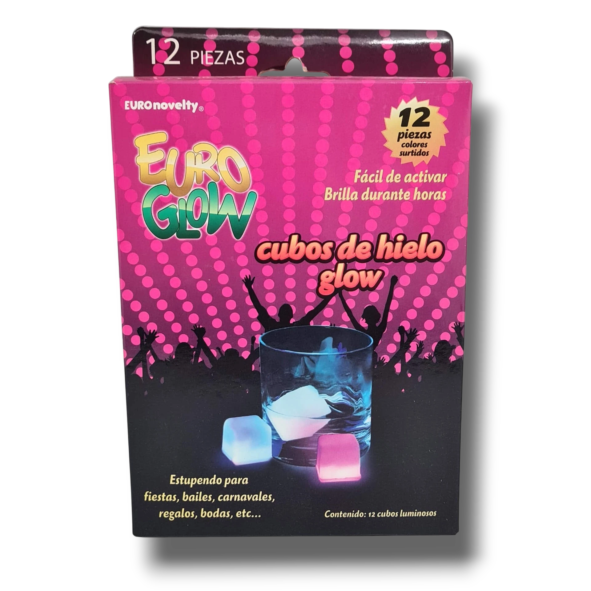 Caja de 12 cubos de hielo luminosos PartyStore de colores surtidos para decorar bebidas en fiestas y eventos