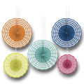 Set de 5 decoraciones colgantes de papel PartyStore con diseño de abanicos redondos a rayas de colores veraniegos