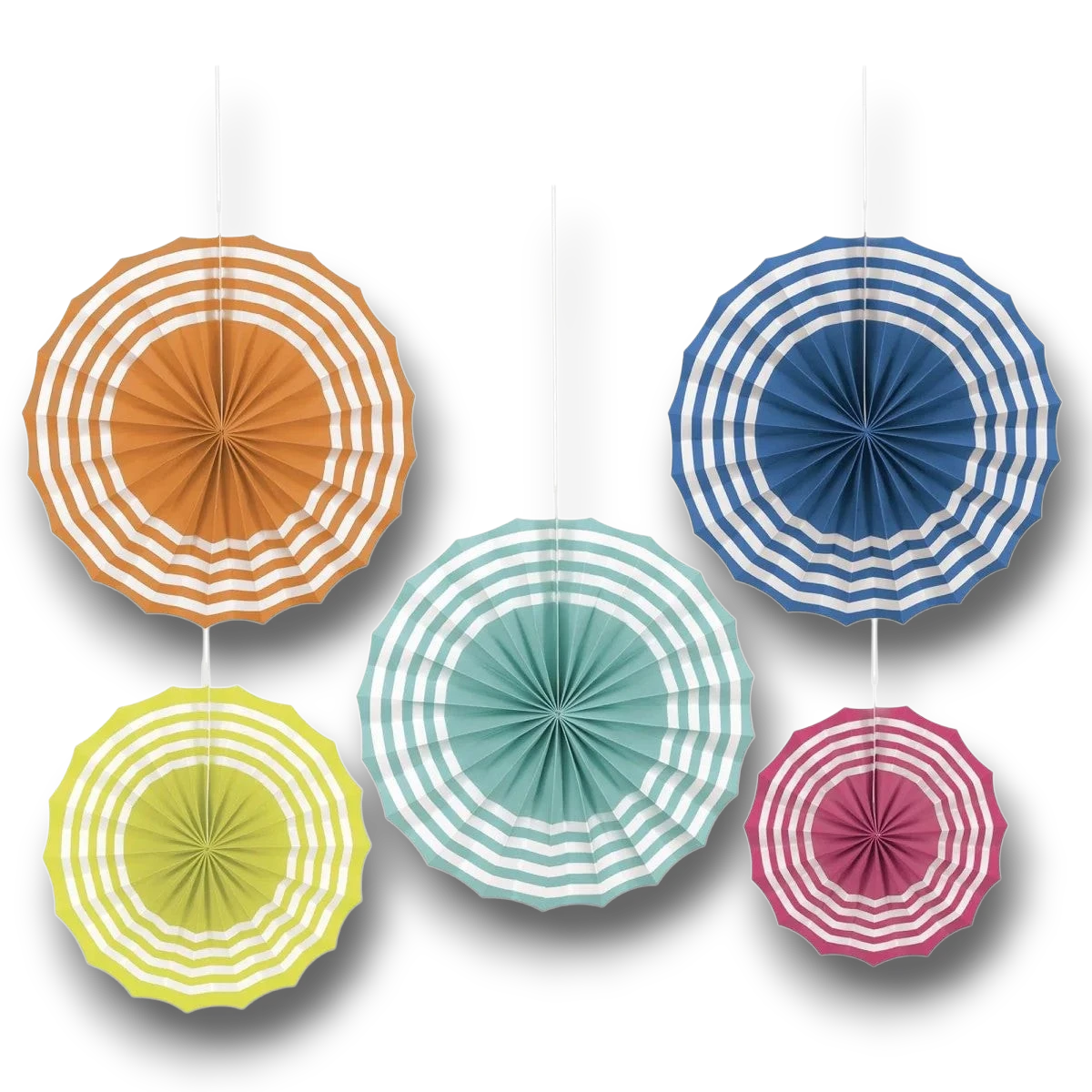 Set de 5 decoraciones colgantes de papel PartyStore con diseño de abanicos redondos a rayas de colores veraniegos