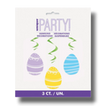 Decoración colgante de Pascua PartyStore con tres huevos de colores pastel y espirales verdes para fiestas