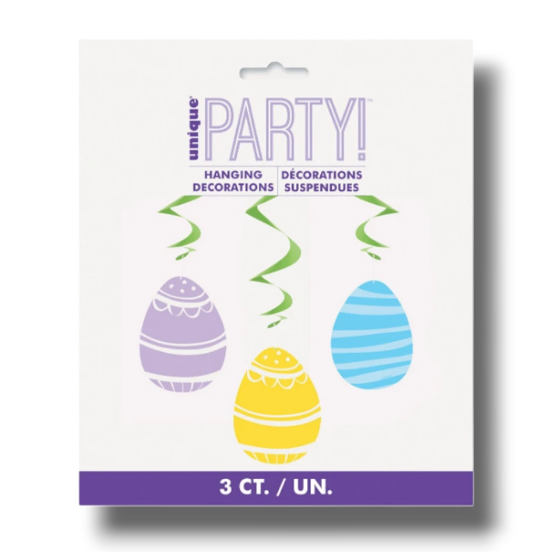 Decoración colgante de Pascua PartyStore con tres huevos de colores pastel y espirales verdes para fiestas