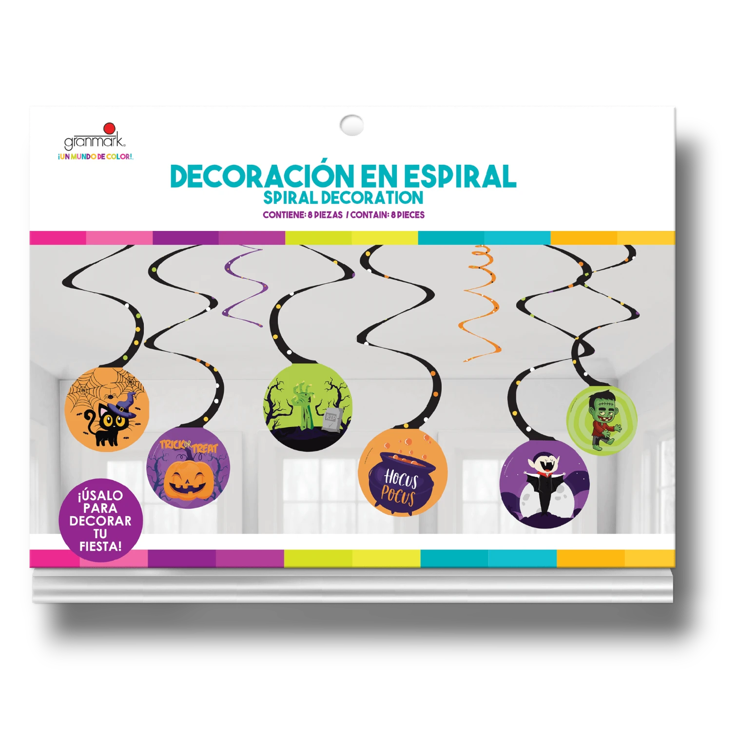 Decoración en espiral PartyStore con 8 piezas temáticas de Halloween incluyendo gatos, calabazas y monstruos