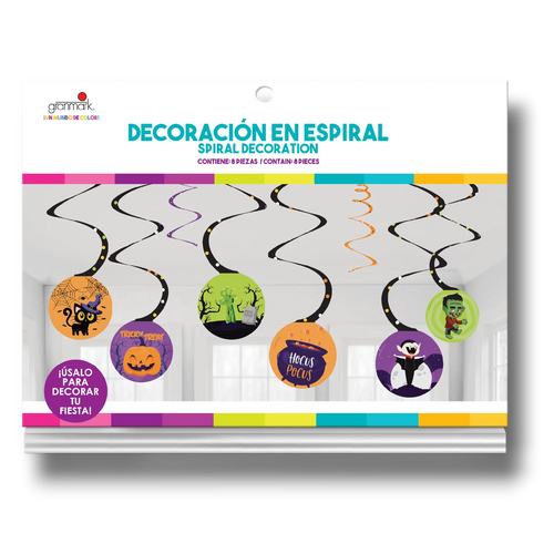Decoración en espiral PartyStore con 8 piezas temáticas de Halloween incluyendo gatos, calabazas y monstruos