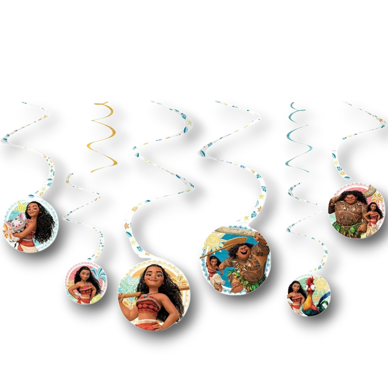 Decoraciones colgantes en espiral PartyStore con temática de Moana y personajes de la película en círculos de cartón
