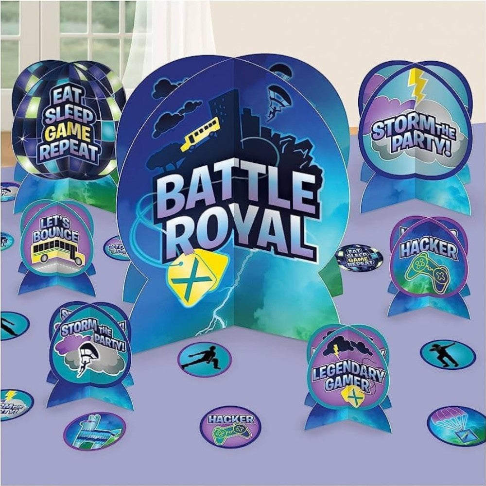 Kit de decoración de mesa PartyStore con temática de Battle Royal, incluye centros de mesa y confeti de cartón azul