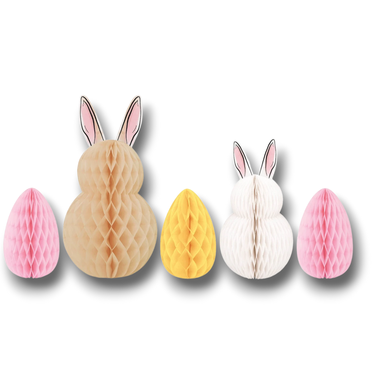 Set de 5 decoraciones de mesa PartyStore con conejitos y huevos de Pascua de papel nido de abeja en tonos pastel