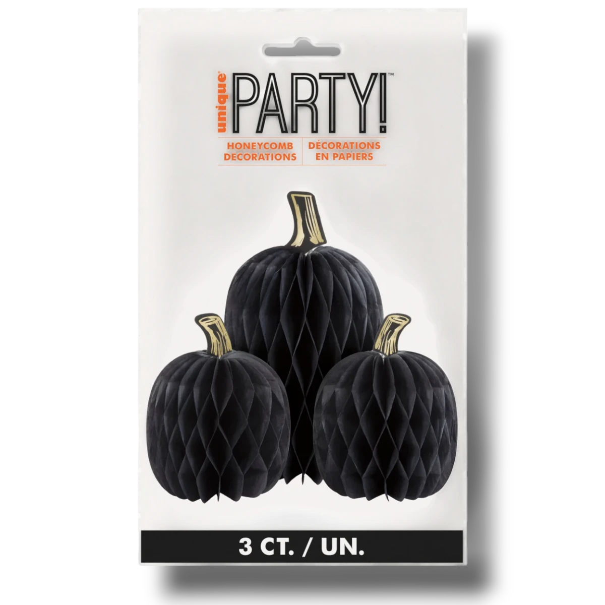 Set de 3 decoraciones de panal en forma de calabaza negra de PartyStore para fiestas temáticas de Halloween