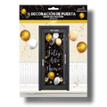 Decoración de puerta PartyStore para Año Nuevo con diseño negro, globos dorados y blancos y texto Feliz Año Nuevo