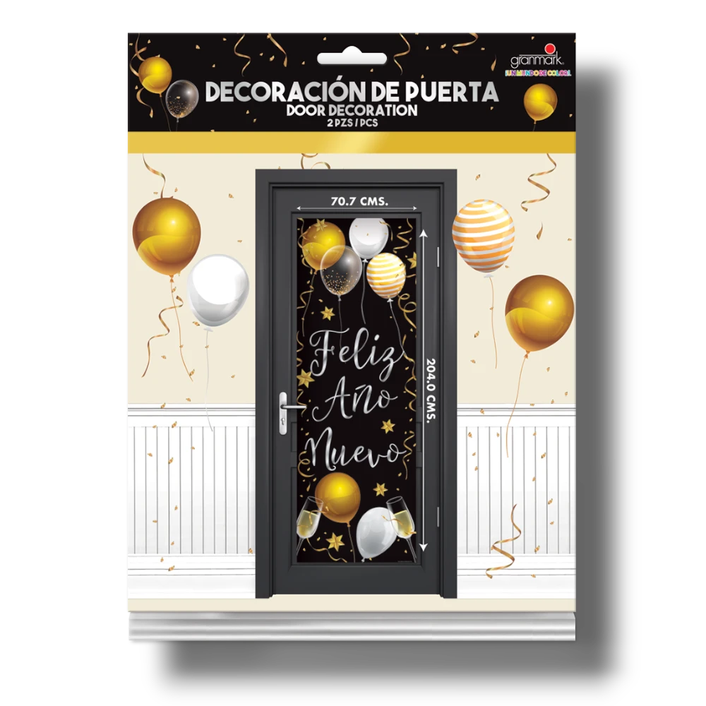 Decoración de puerta PartyStore para Año Nuevo con diseño negro, globos dorados y blancos y texto Feliz Año Nuevo