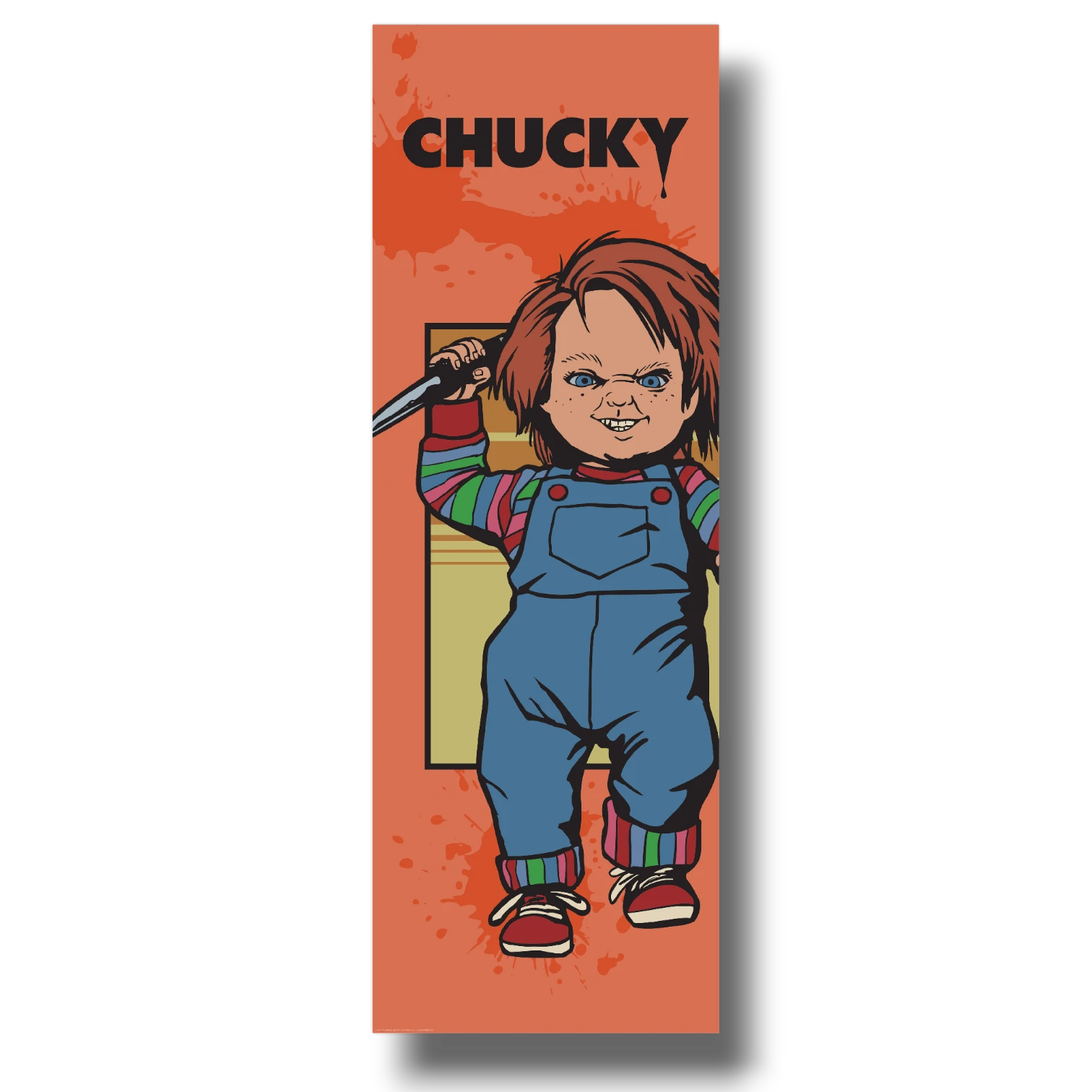 Decoración de puerta PartyStore con diseño de Chucky sosteniendo un cuchillo sobre fondo naranja con manchas de sangre