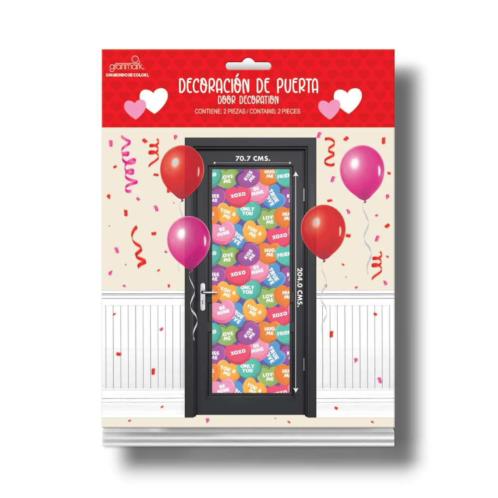 Decoración de puerta PartyStore con diseño de corazones de caramelo con mensajes románticos para San Valentín