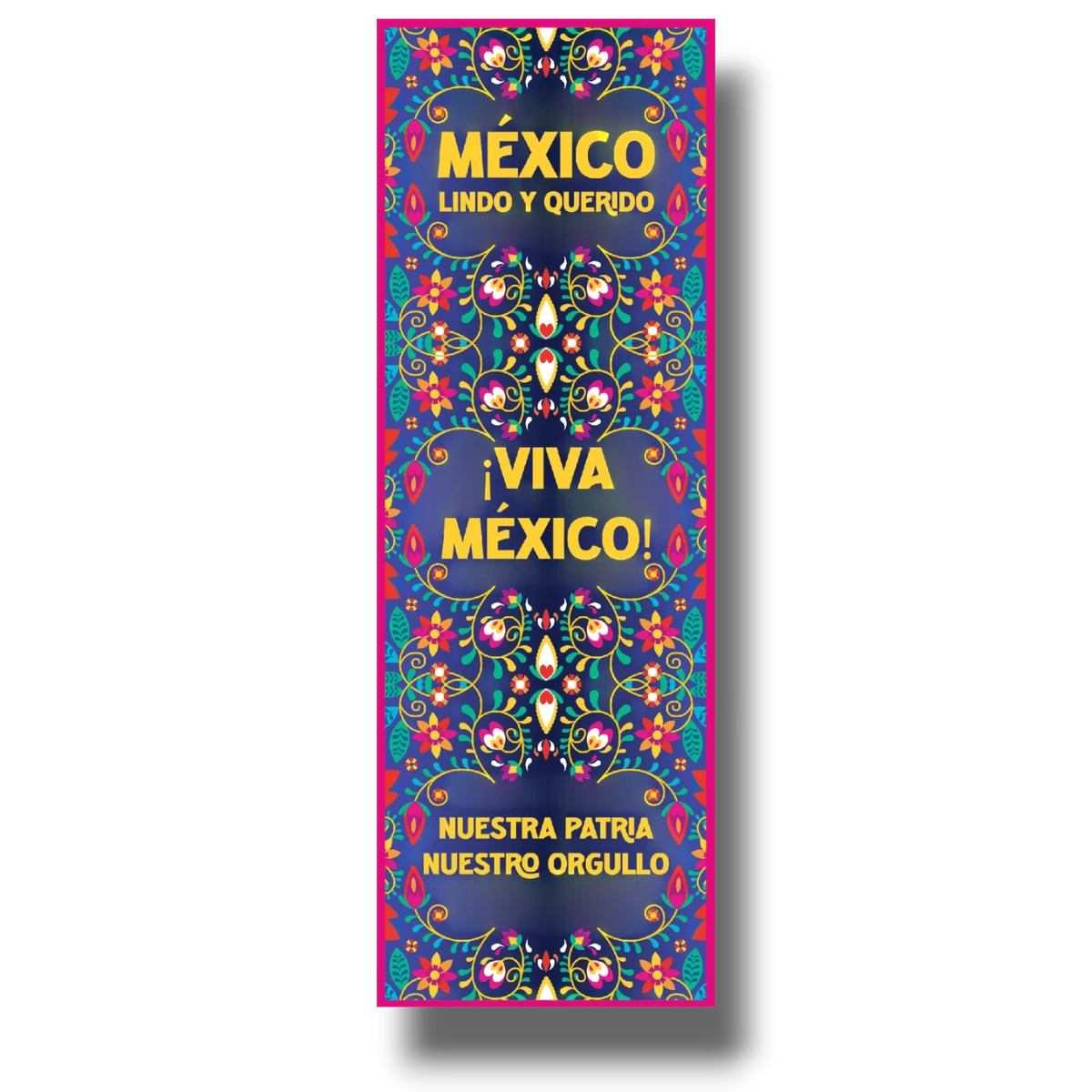 Decoración de puerta PartyStore con diseño floral estilo huichol, colores vibrantes y frases patrióticas mexicanas.