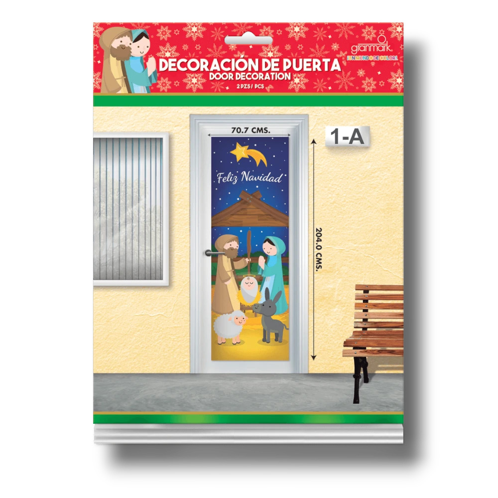 Decoración de puerta PartyStore con diseño de nacimiento navideño, incluye figuras de la Sagrada Familia y animales