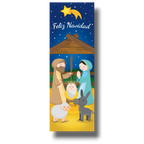 Decoración de puerta PartyStore con diseño de nacimiento navideño, figuras de José, María y el niño Jesús.