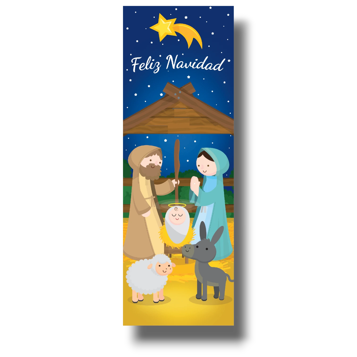 Decoración de puerta PartyStore con diseño de nacimiento navideño, figuras de José, María y el niño Jesús.