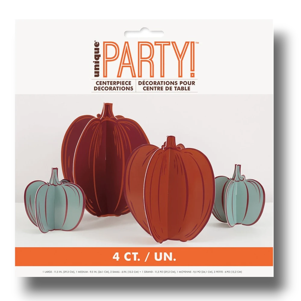 Set de 4 decoraciones de centro de mesa de calabazas PartyStore en tonos naranja y azul para Acción de Gracias