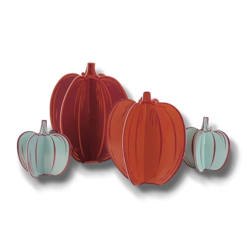 Decoraciones de centro de mesa PartyStore con calabazas de papel en tonos naranja y azul claro para Acción de Gracias