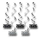 Decoraciones colgantes PartyStore Dizzy Danglers con espirales plateadas y el año 2026 en negro para Año Nuevo