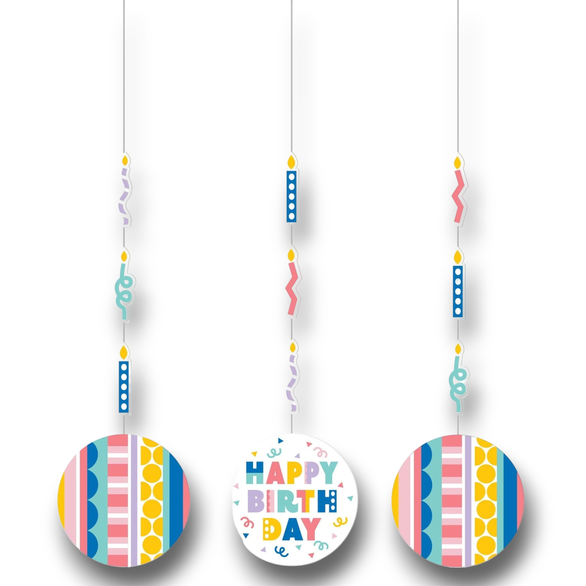 Decoraciones colgantes PartyStore con velas coloridas y diseño de Happy Birthday para fiestas de cumpleaños