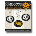 Set de 3 decoraciones colgantes de Halloween PartyStore con diseños de calaveras y araña en estilo tiza sobre negro
