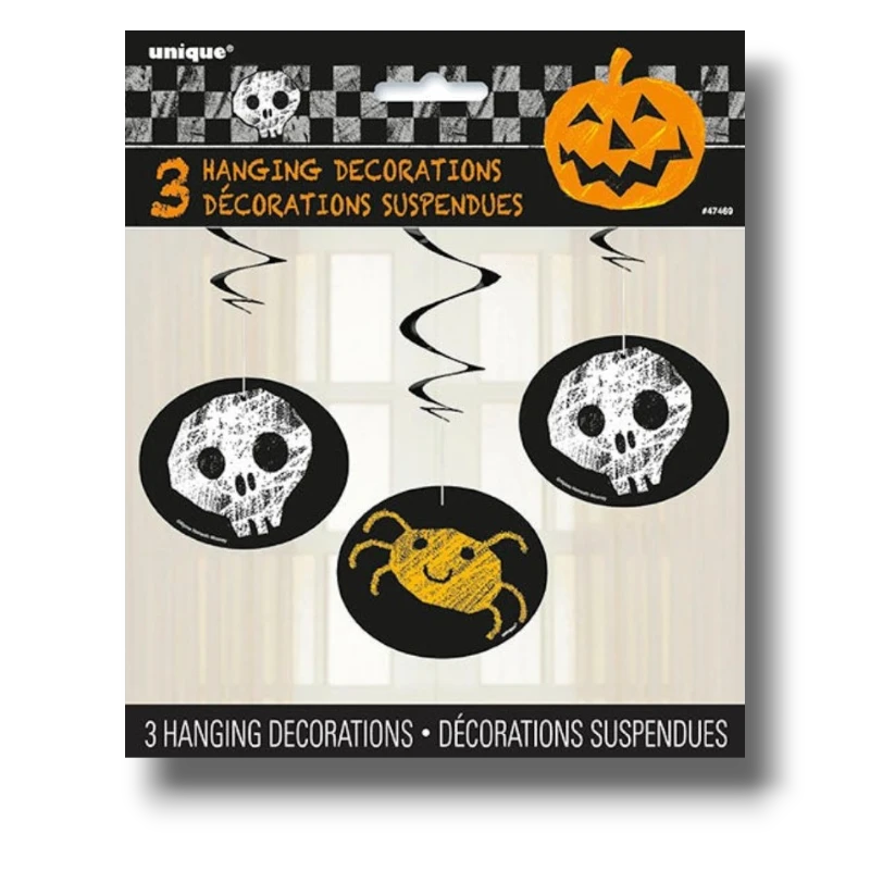 Set de 3 decoraciones colgantes de Halloween PartyStore con diseños de calaveras y araña en estilo tiza sobre negro