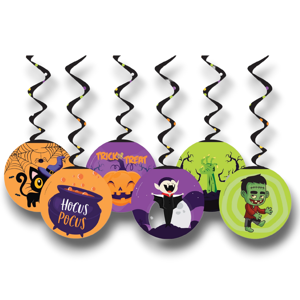 Decoraciones colgantes PartyStore con motivos de Halloween como calabazas, vampiros y zombies en espirales negros