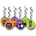 Decoraciones colgantes PartyStore con motivos de Halloween como calabazas, vampiros y zombies en espirales negros