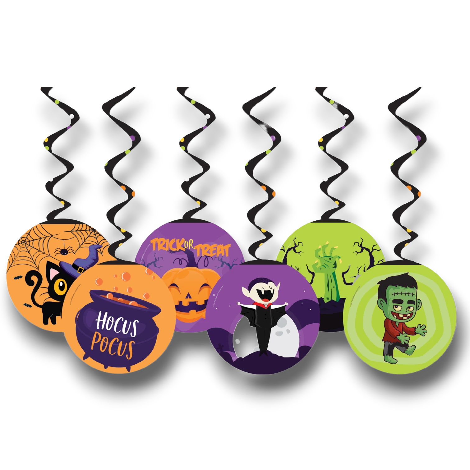 Decoraciones colgantes PartyStore con motivos de Halloween como calabazas, vampiros y zombies en espirales negros