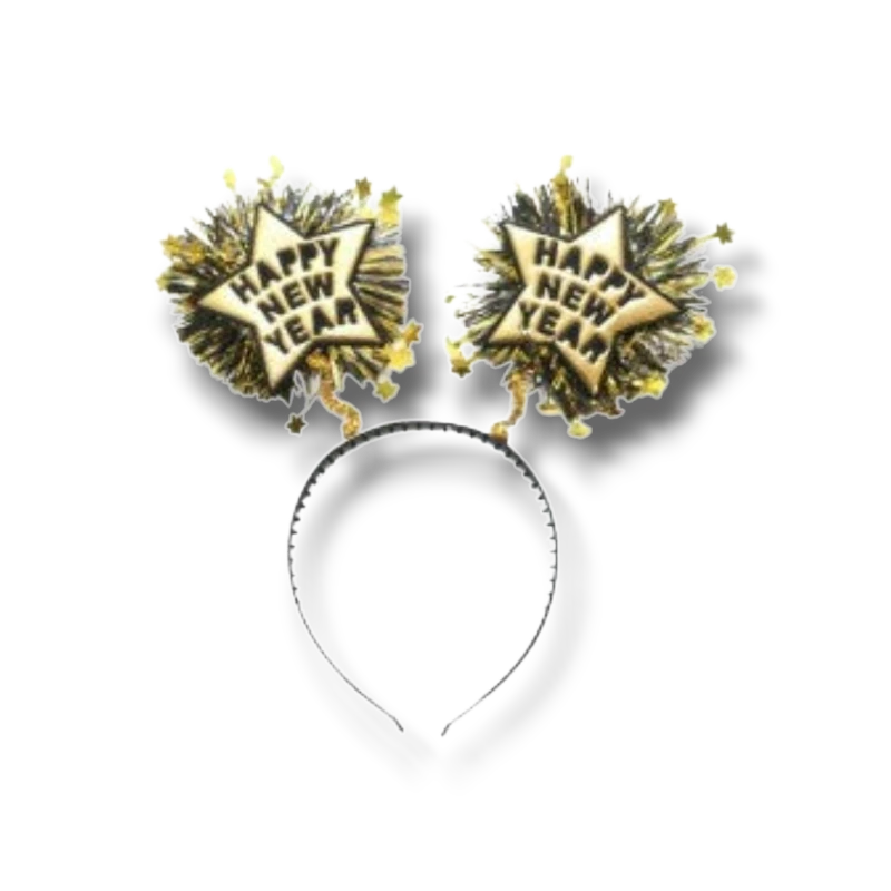 Diadema PartyStore de Año Nuevo con estrellas doradas brillantes, flecos negros y texto Happy New Year iluminado