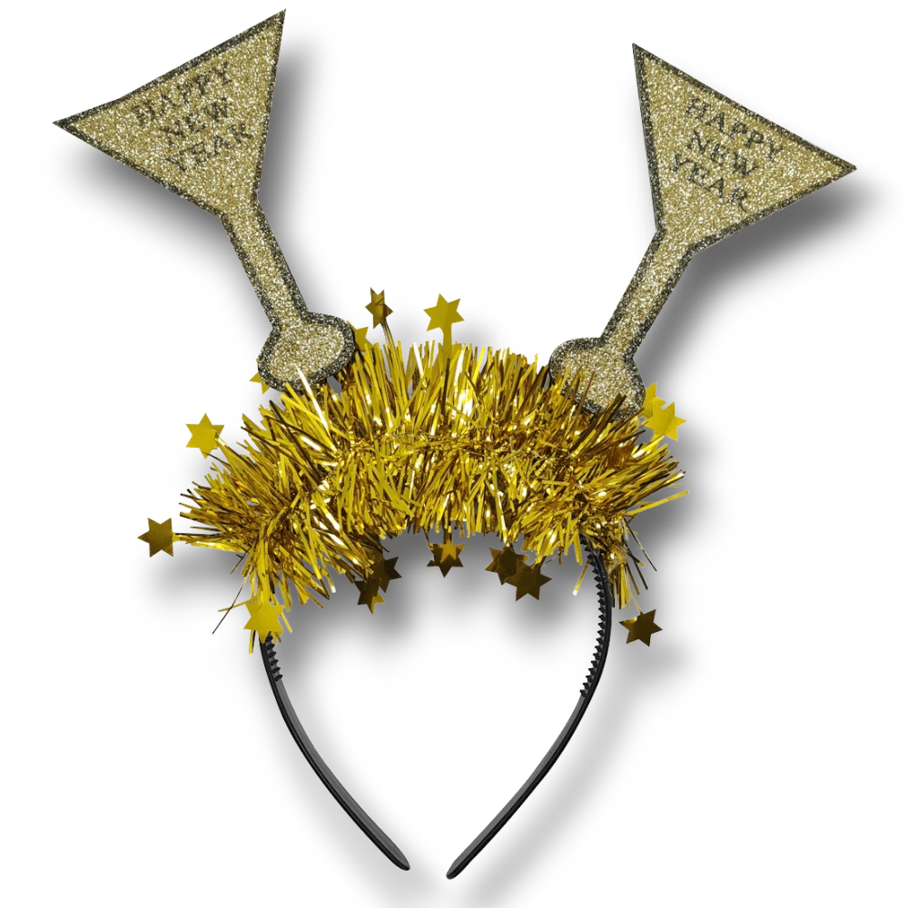 Diadema PartyStore para Año Nuevo con copas doradas brillantes y flecos decorativos con estrellas