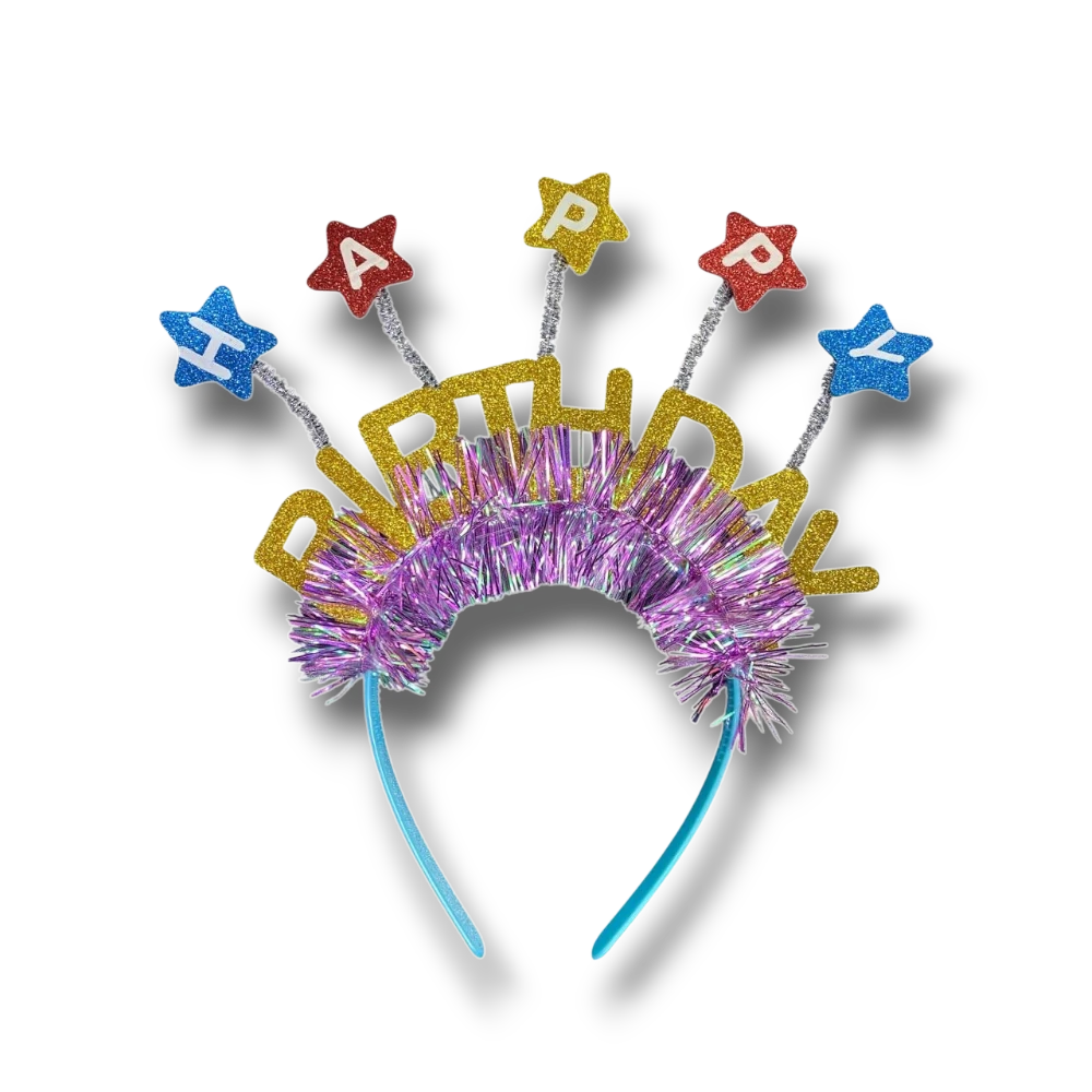 Diadema PartyStore de cumpleaños con letras brillantes, estrellas de colores y flecos metálicos morados