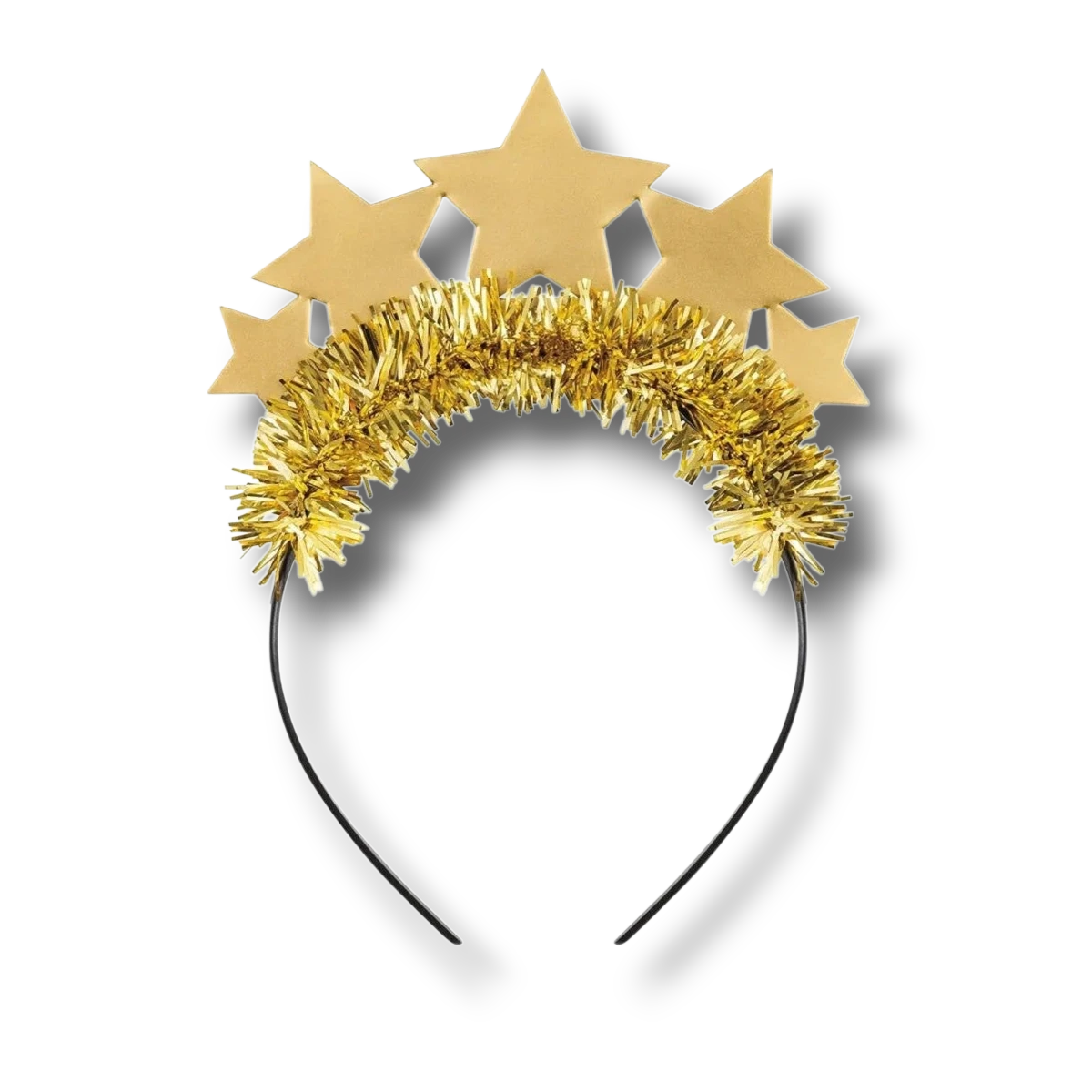 Diadema PartyStore con estrellas doradas y flecos brillantes, accesorio festivo para fiestas y celebraciones.