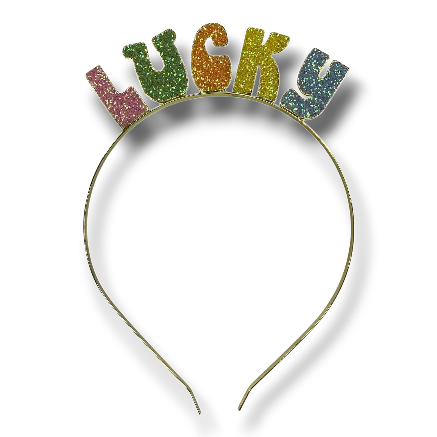 Diadema PartyStore con letras multicolores brillantes que forman la palabra LUCKY sobre una estructura dorada