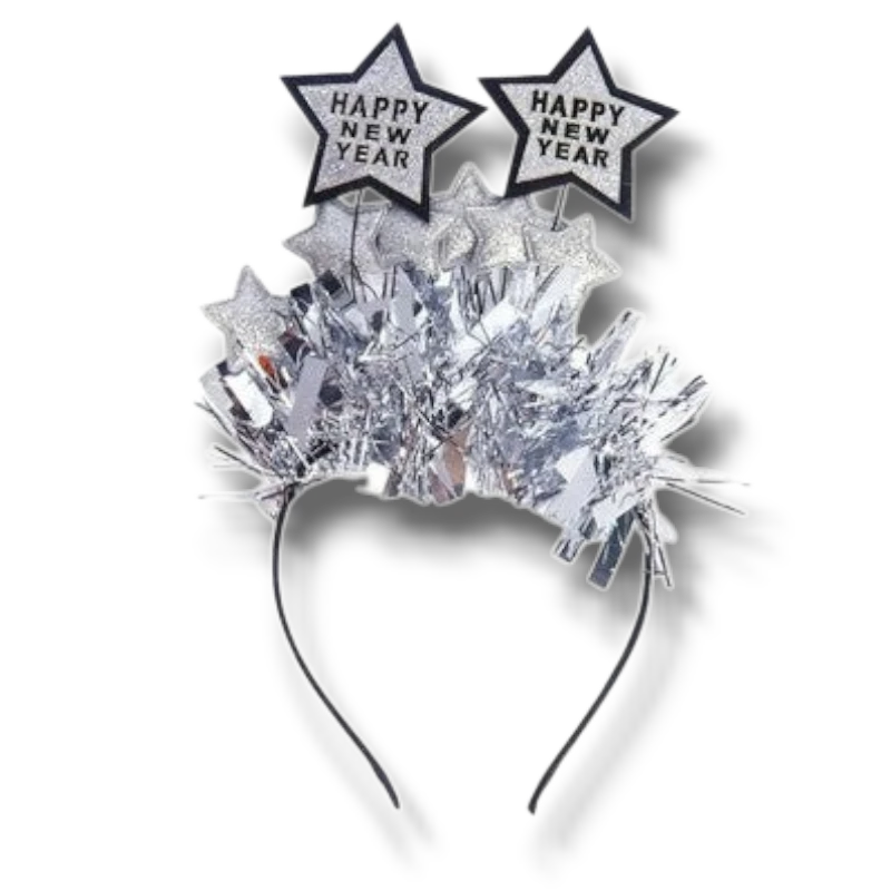 Diadema PartyStore plateada con estrellas brillantes y texto Happy New Year para celebraciones de año nuevo
