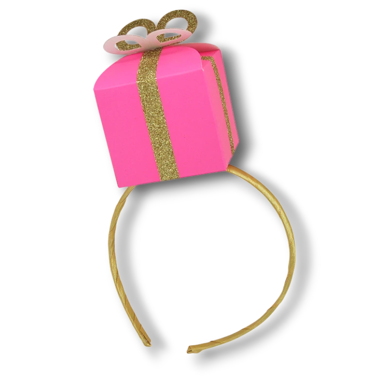 Diadema PartyStore con caja de regalo rosa brillante y lazo dorado, accesorio festivo para celebraciones