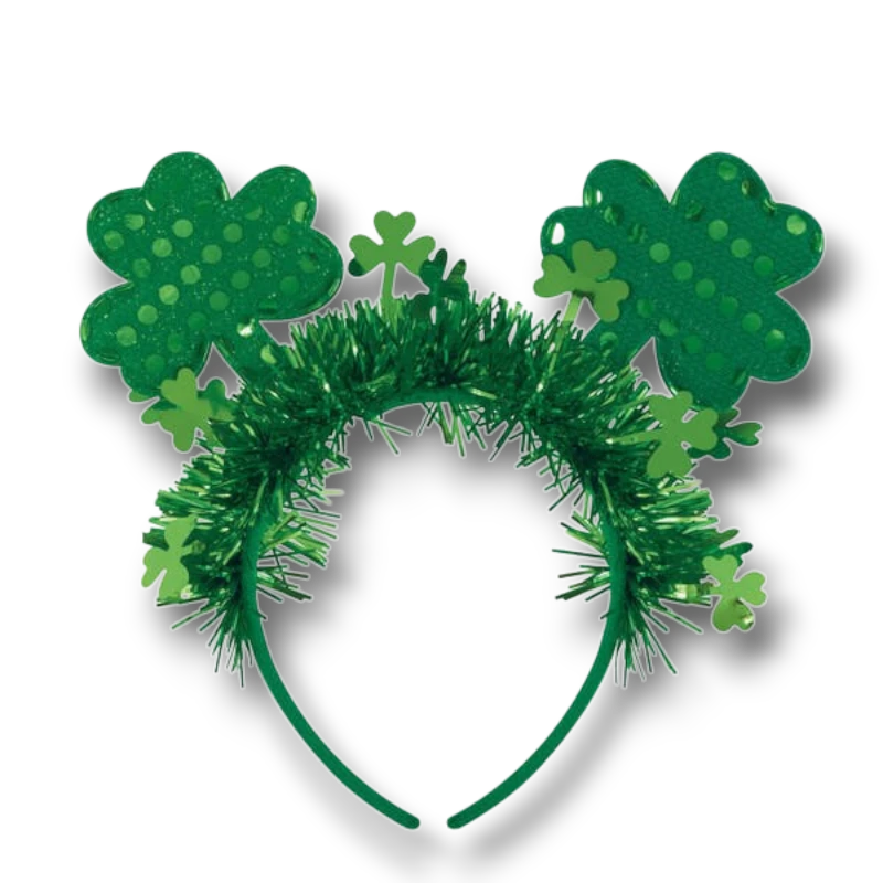 Diadema PartyStore de trébol verde con flecos brillantes y lentejuelas, ideal para celebraciones de San Patricio.