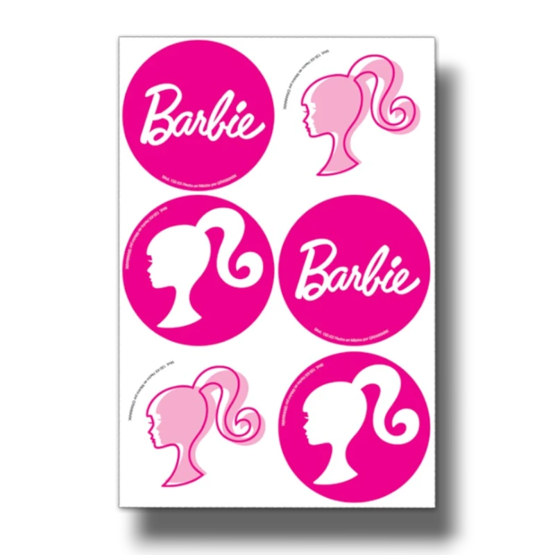 Set de 24 distintivos circulares PartyStore con diseño de Barbie en color rosa y blanco para fiestas infantiles