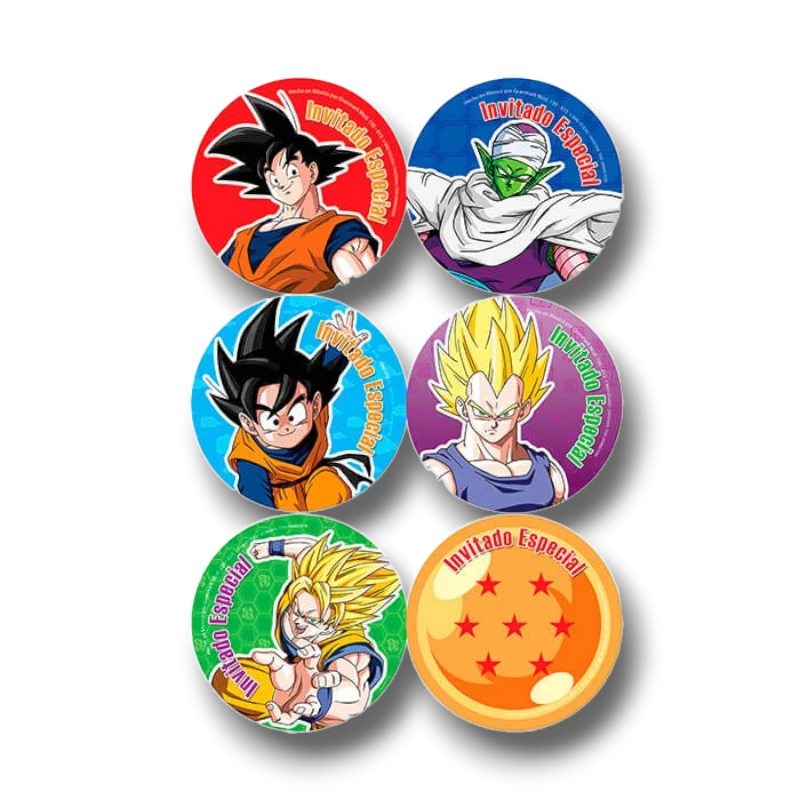 Set de 24 distintivos PartyStore con diseños de personajes de Dragon Ball e Invitado Especial