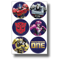 Distintivos circulares PartyStore de Transformers One con Optimus Prime, Megatron, Bumblebee y el logo de la película