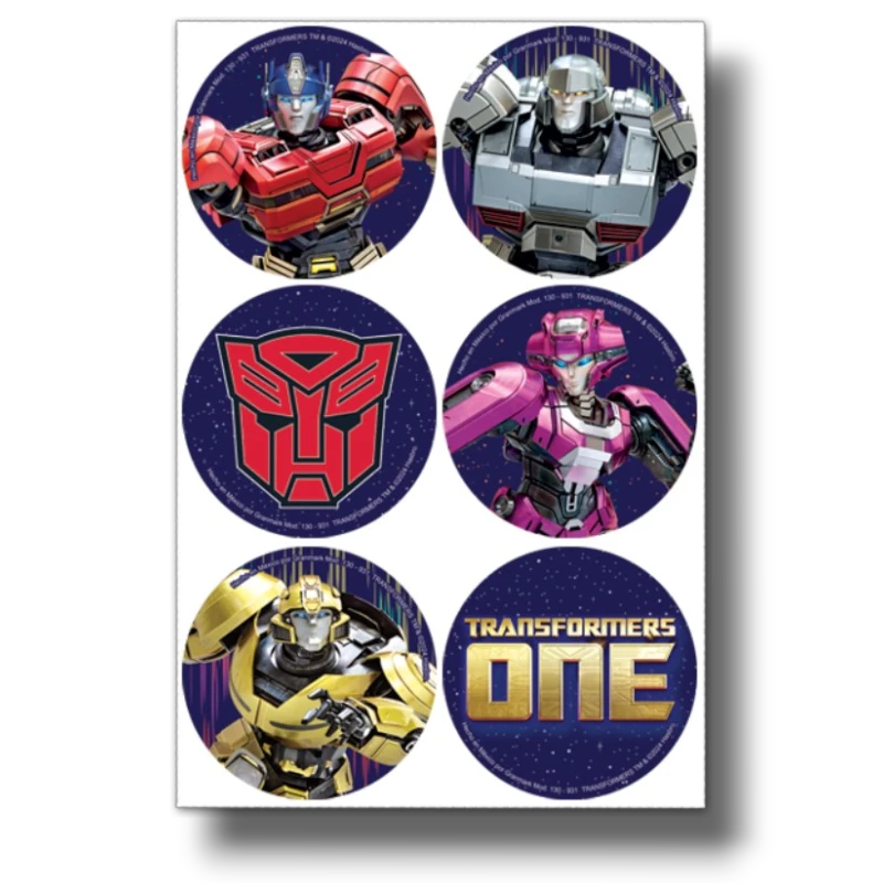 Distintivos circulares PartyStore de Transformers One con Optimus Prime, Megatron, Bumblebee y el logo de la película