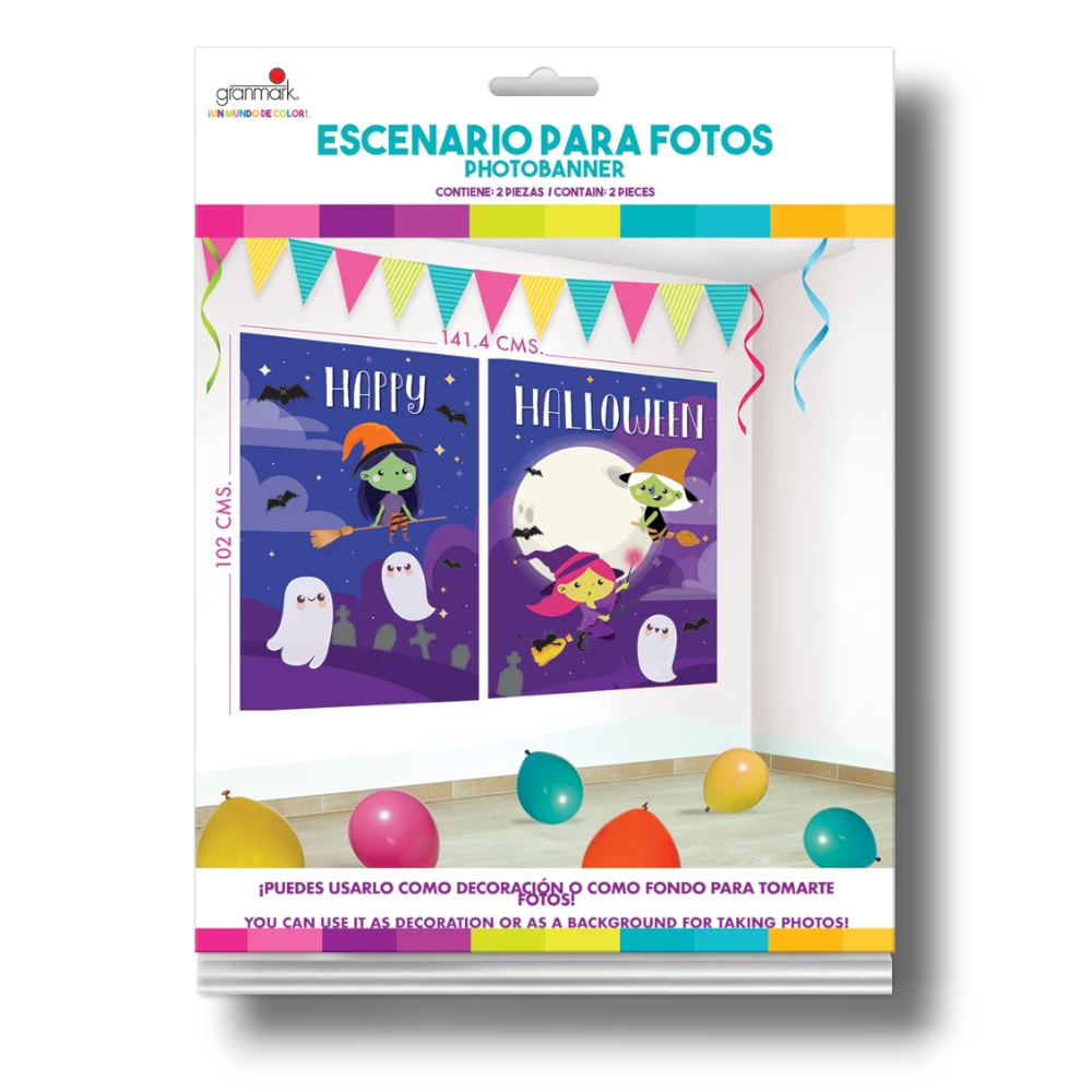 Escenario para fotos PartyStore con diseño de brujas y fantasmas de Halloween, incluye dos piezas decorativas.