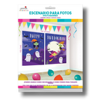 Escenario para fotos PartyStore con diseño de brujas y fantasmas de Halloween, incluye dos piezas decorativas.