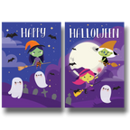 Escenario para fotos PartyStore con temática Happy Halloween, incluye ilustraciones de brujas, fantasmas y murciélagos.