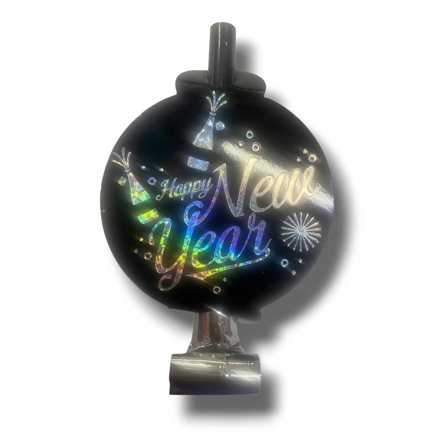 Espantasuegra PartyStore de color negro con diseño holográfico Happy New Year y detalles de fuegos artificiales