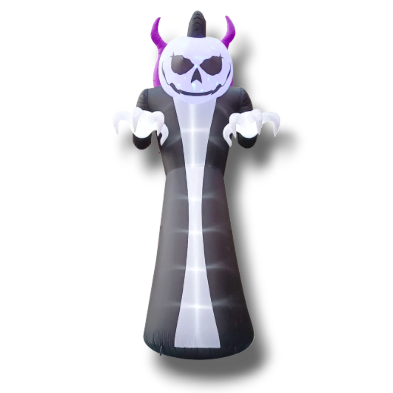 Decoración de Halloween PartyStore, espectro maligno inflable con cuernos morados, cara de calavera y luces LED