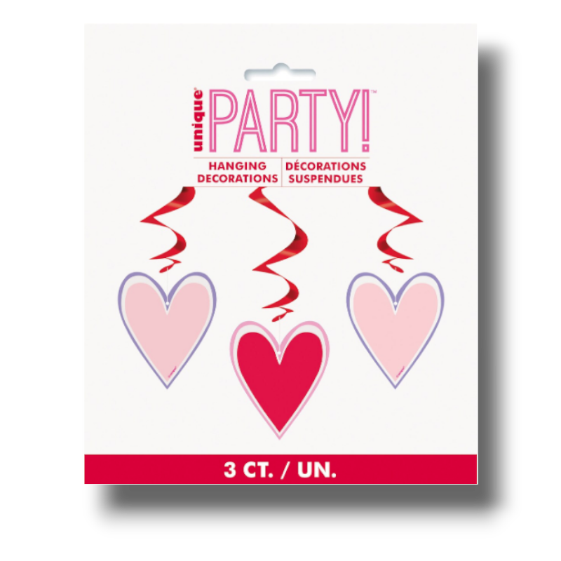 Decoraciones colgantes PartyStore con espirales rojos y corazones en tonos rosa y rojo para fiestas