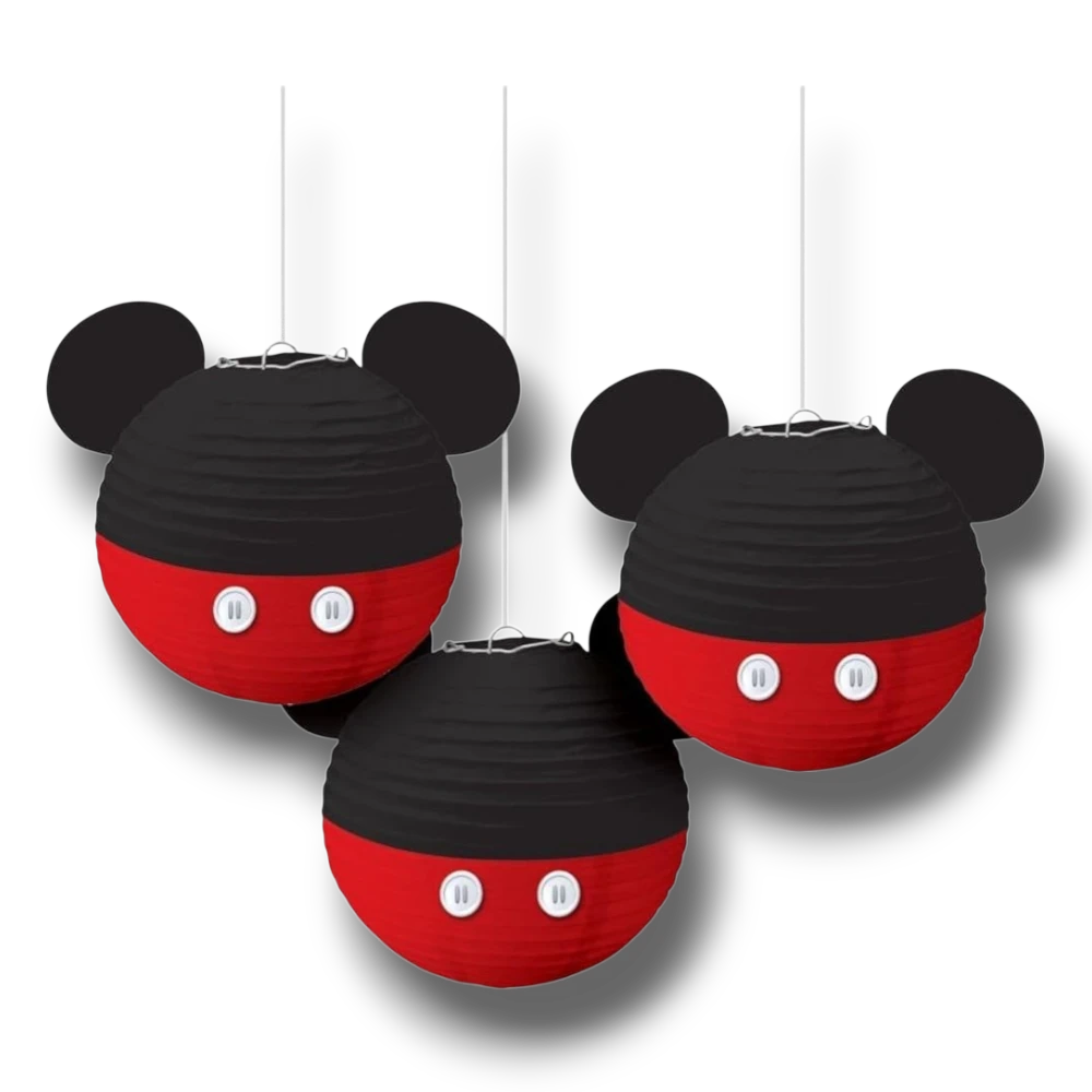 Set de 3 faroles de papel PartyStore con diseño de Mickey Mouse en colores rojo y negro con botones blancos