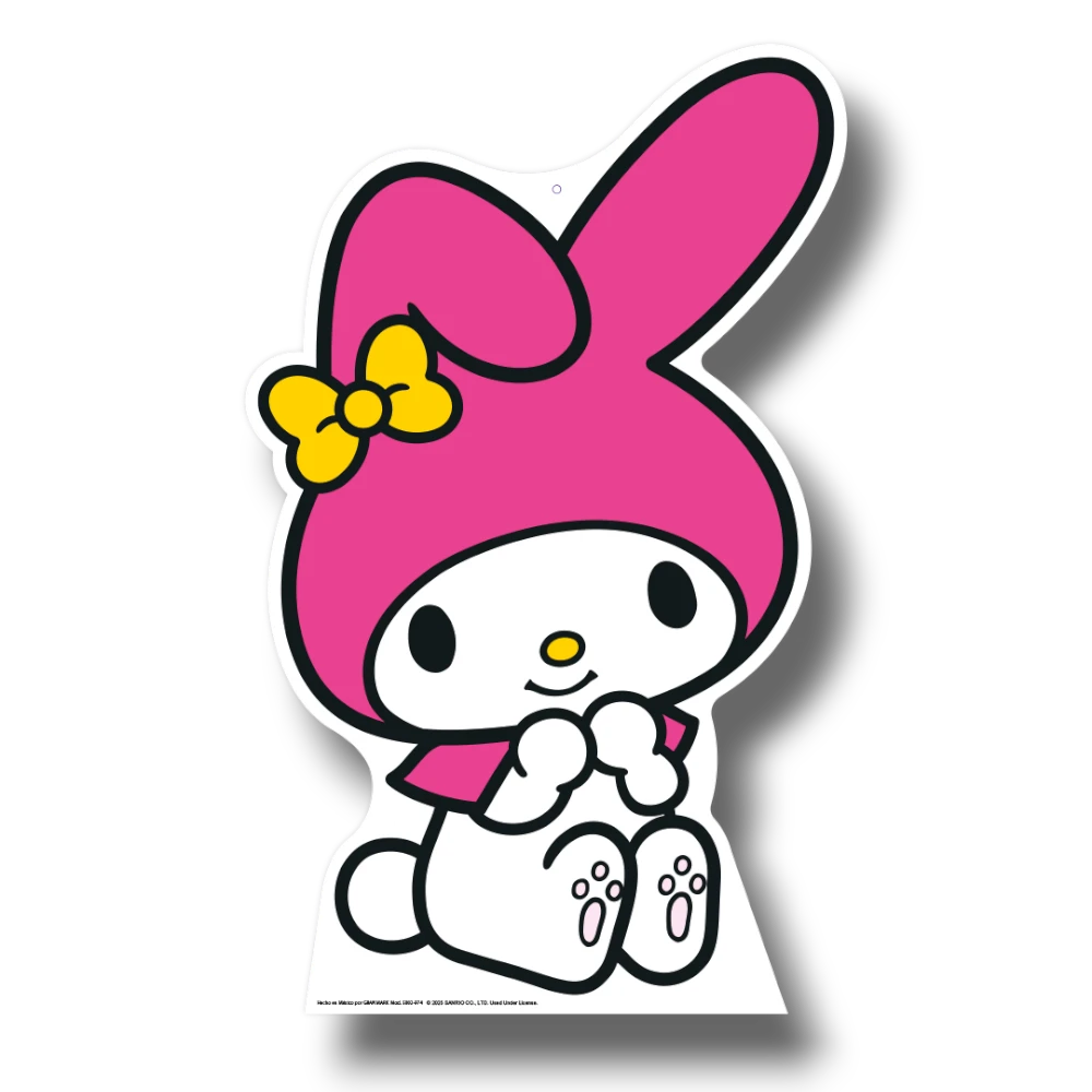Figura decorativa de My Melody de PartyStore con capucha rosa y lazo amarillo para fiestas infantiles